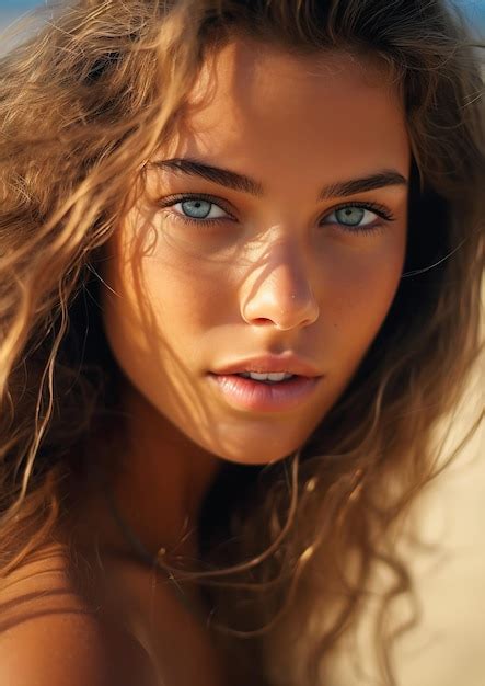 Premium AI Image Natural Closeup Woman Long Hair Blue Eyes Deep Tan