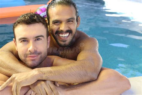 Multicultural Same Sex Couple In The Swimming Pool Stock Image Image Of Cheerful Black 239286283