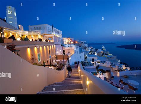 Fira Town At Dusk Fira Santorini Thira Cyclades Greece Stock