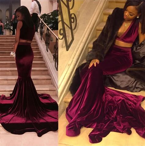 Sexy V Neck Velvet Burgundy Two Piece Prom Dresses 2017 Black Girls