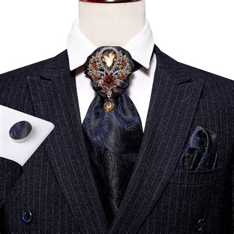 Blue Silk Men Cravat Ascot Tie Handky Cufflinks Set Rhinestone Brooch