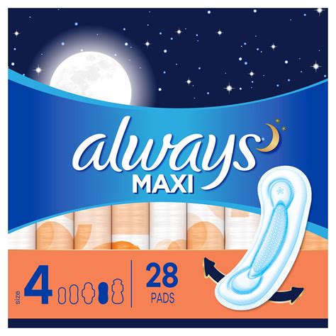 Always Maxi Overnight Pads Size 4 Unscented Without Wing 28 Count