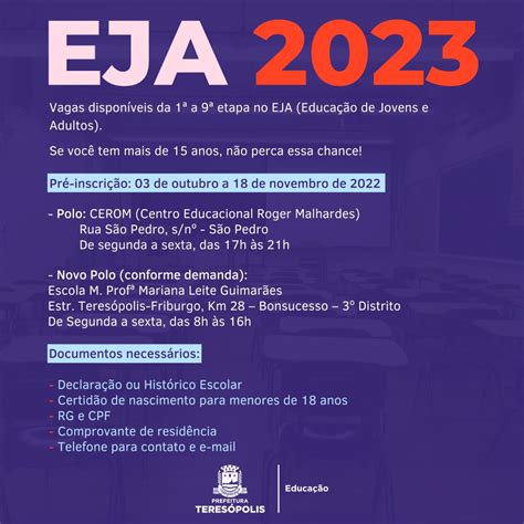 Eja 2023 Pré Inscrições Começam Na Próxima Segunda 3 De Outubro Prefeitura De Teresópolis