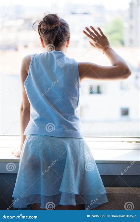 Teen Girl Wave With Hand On Window Stock Photo Image Of Hand Window