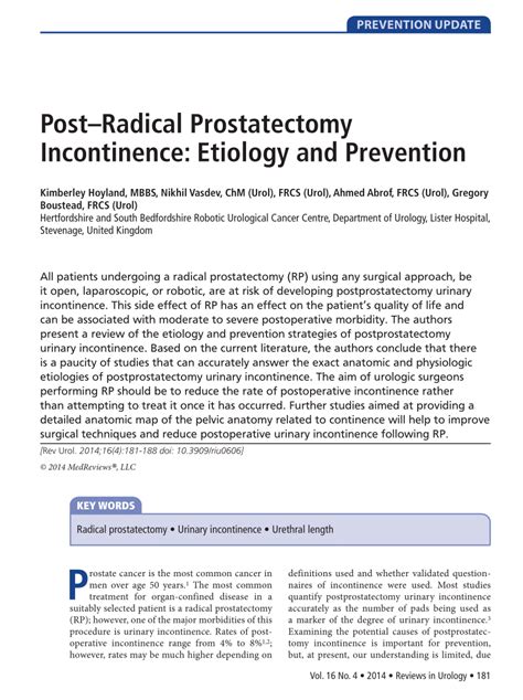 Pdf Post Radical Prostatectomy Incontinence Aetiology And Prevention