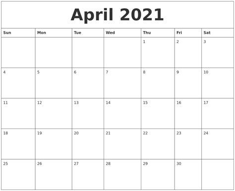 April 2021 Free Printable Monthly Calendar