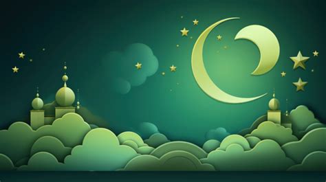 Green Background Of Ramadan Kareem With Moon And Clouds Ramadan Arabic