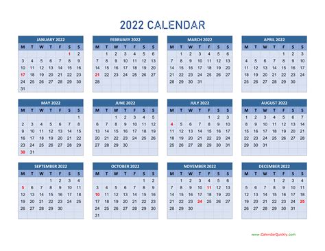 2022 Printable Calendar One Page Per Month Template Calendar Design