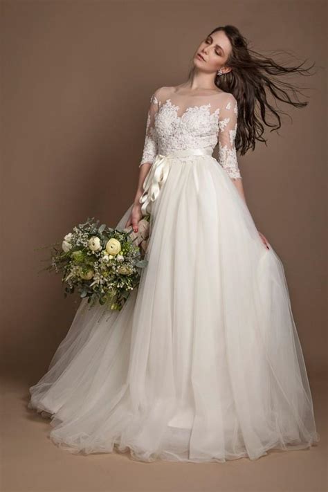 Ivory Beaded Illusion Wedding Dress Beaded Lace Wedding Gown Lace And