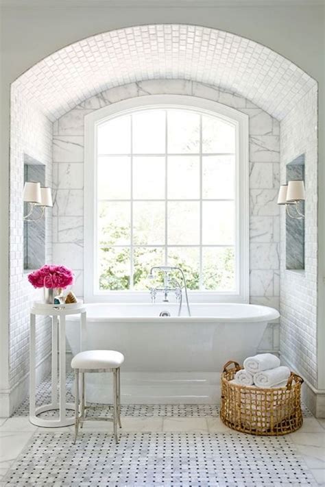 Bathroom window treatment is different from that relating room in homes. 5 Ideas for Free-standing Tubs + Roundup - Becki Owens