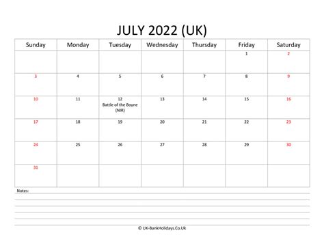 Download July 2022 Uk Calendar With With Notes