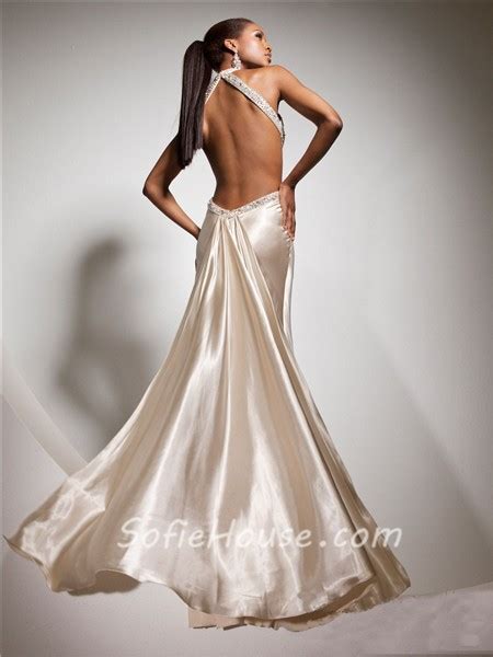 Sexy Halter Backless Long Champagne Silk Beading Prom Dress With Cut Out Silt