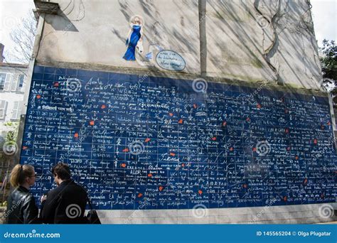 paris france april 2 2019 the wall of love mur des je t`aime at montmartre editorial stock