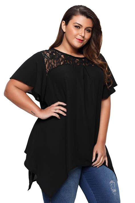 Black Solid Yoke Ruffles O Neck Short Sleeve Lace Plus Size Top Summer In 24 49 Plus Size
