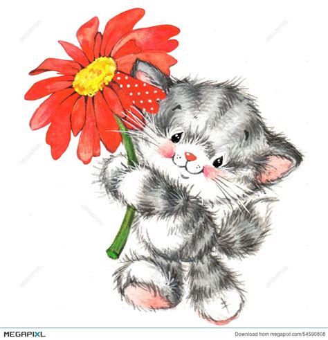 Cute Animal And Valentine Red Heart Watercolor Cute Animal