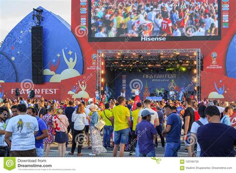 moscow russia june 28 2018 football fans against of main stage of fifa fan fest 2018 in