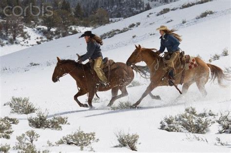 Two Cowgirls Riding Horses In Winter Horses Cowgirl And Horse
