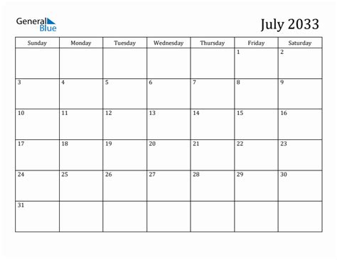 July 2033 Monthly Calendar Pdf Word Excel