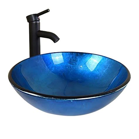 Tahanbath Blue Artistic Glass Round Vessel Sink With Faucet In Oil