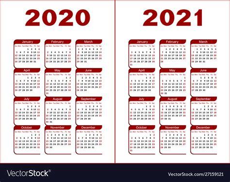 Calendar 2020 2021 Royalty Free Vector Image Vectorstock