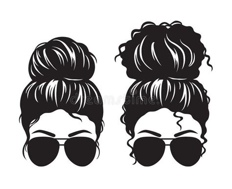 Women With Messy Bun And Sunglasses Face Silhouette Vector Illustration Of Straight And Curly