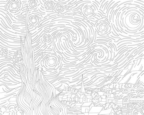 100% free coloring page of stars in the sky. Van Gogh's The Starry Night adult coloring page | free ...