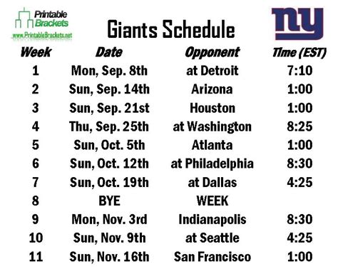 Giants Schedule New York Giants Schedule