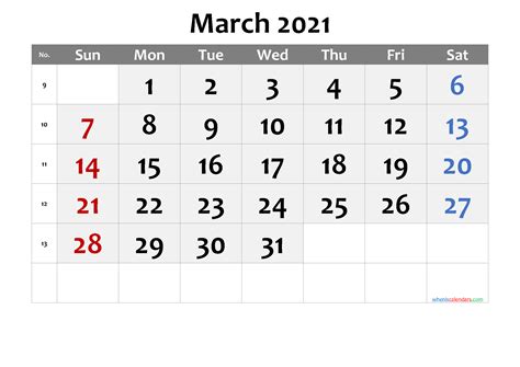 2021 Calendar With Week Number Printable Free Free Printable