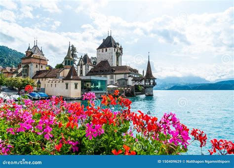 Oberhofen Castle With Thun Lake Background In Switzerland Stock Image