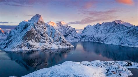 1366x768 Norway Lofoten Mountains Winter Bay Snow Laptop Hd Hd 4k