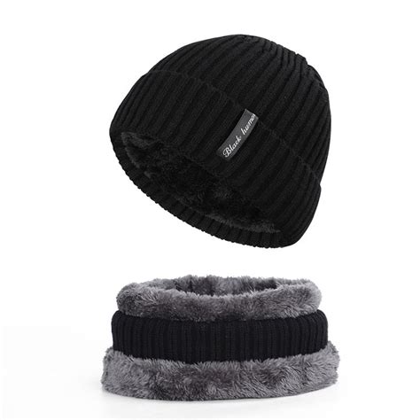 Men Warm Skullies Beanie Soft Scarf Two Piece Set Winter Thicken Hat