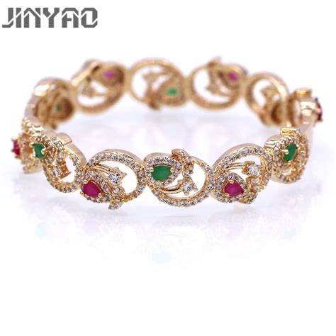 Jinyao Gorgeous Champagne Gold Color Greenandred Aaa Cubic Zircon Bracelet Bangle For Women T
