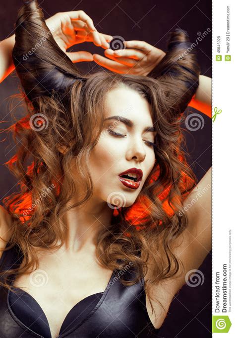Bright Mysterious Woman With Horn Hair Halloween Stock Photo Image