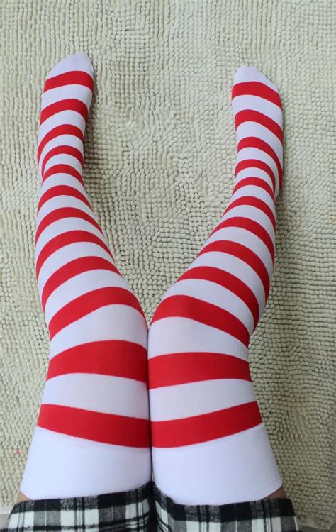 cosplay red and white stripe harajuku red over the knee stockings christmas stockings female in