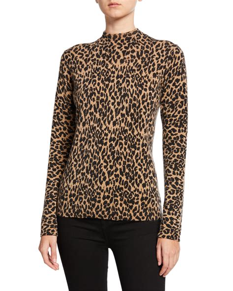 Neiman Marcus Cashmere Collection Leopard Print Cashmere Long Sleeve Mock Neck Sweater Neiman