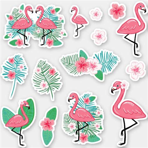 Sticker Sheet With Pretty Hand Drawn Flamingos Plumerias Leaves And