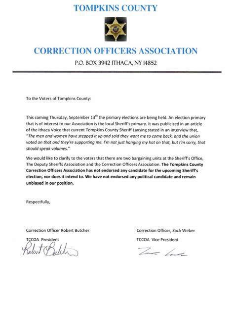 Letter From Tompkins County Corrections Officers Association