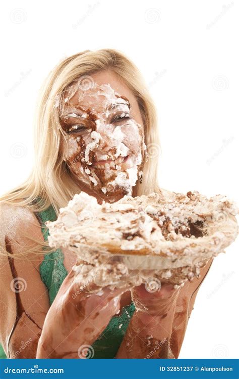 Woman With Pie And Messy Face Stock Image Image Of Hungry Blond