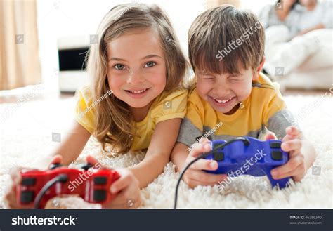 Merry Siblings Playing Video Game Living Stock Photo 46386340