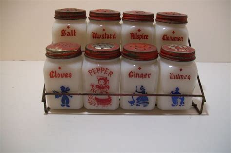 Hazel Atlas Dutch Milk Glass Spice Shakers Red Lids And Rack Vintage