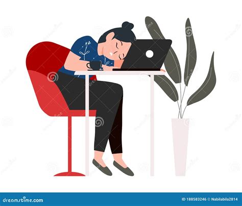 Tired Woman Worker With Laptop Vector Illustration Bored Overslept