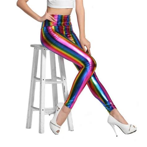 0510 Sexy Vertical Striped Rainbow Leggings Women Ankle Length High Elastic Slim Fit Rainbow