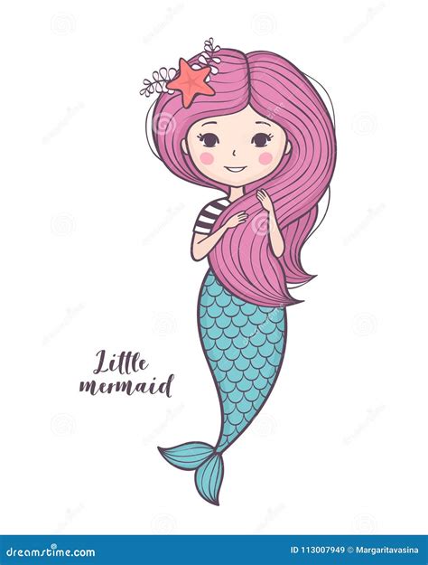 Cute Little Mermaid Beautiful Cartoon Mermaid Girl With Pink Hair