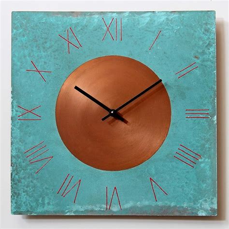 16 Inch Copper Square Turquoise Wall Clock Rustic Art