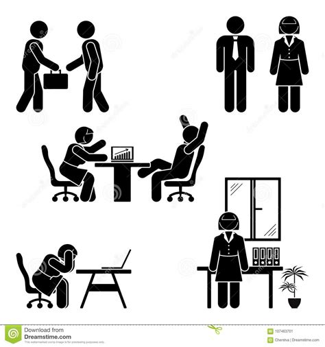 Stick Figure Office Poses Set Business Finance Workplace Support