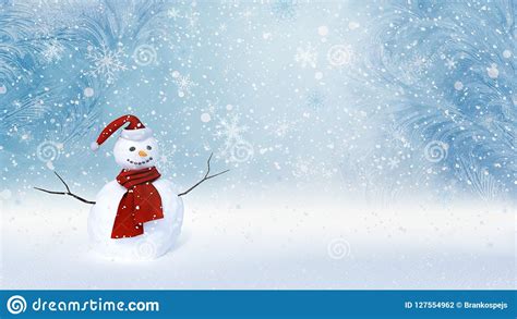 Winter Background With A Snowman, Snow And Snowflakes 3d Render Stock ...