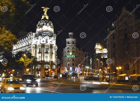 Gran Via Central Street Of Madrid At Night Spain Editorial Photo