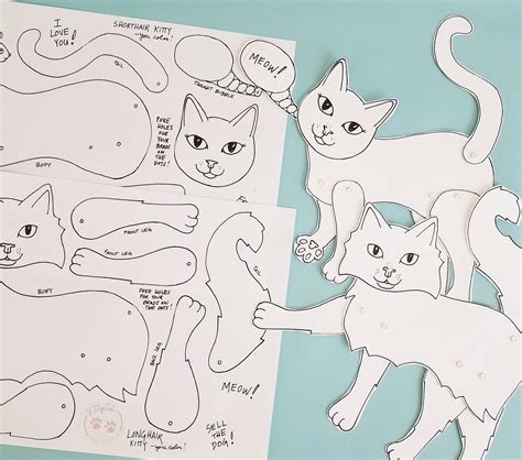 Cat Paper Doll Printable You Cut And Color Articulated Paper Etsy