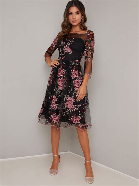 Floral Embroidered Overlay Midi Dress In Black Chi Chi London