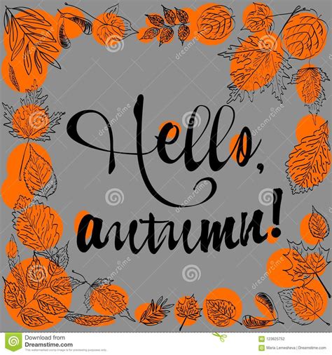 Hello Autumn Lettering Text With Autumn Leaves Stock Vector